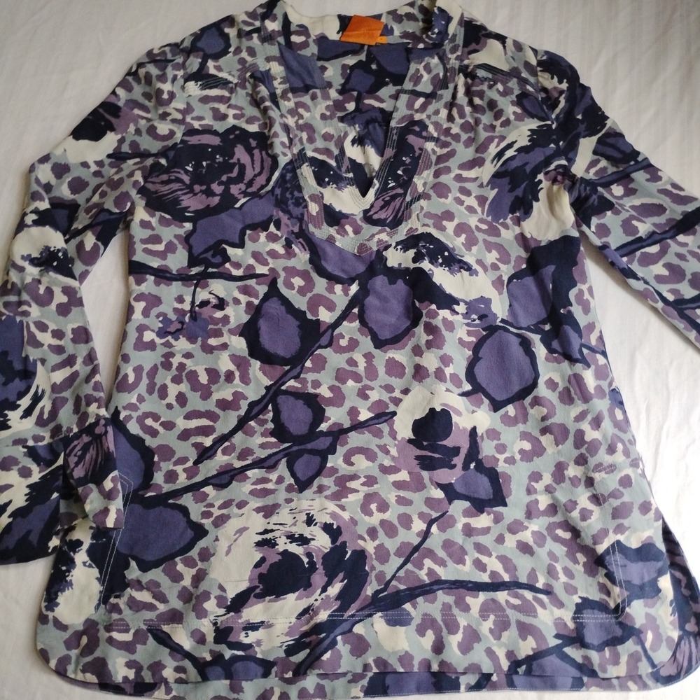 Tory Burch Top 8 Silk Blouse Geometric V Neck Designer Purple Office Capsule